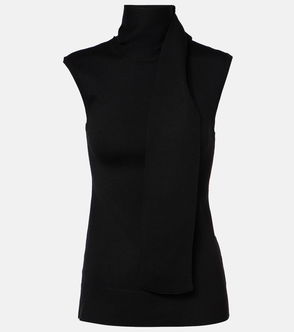 Black ribbed knit sleeveless top with a draped scarf detail