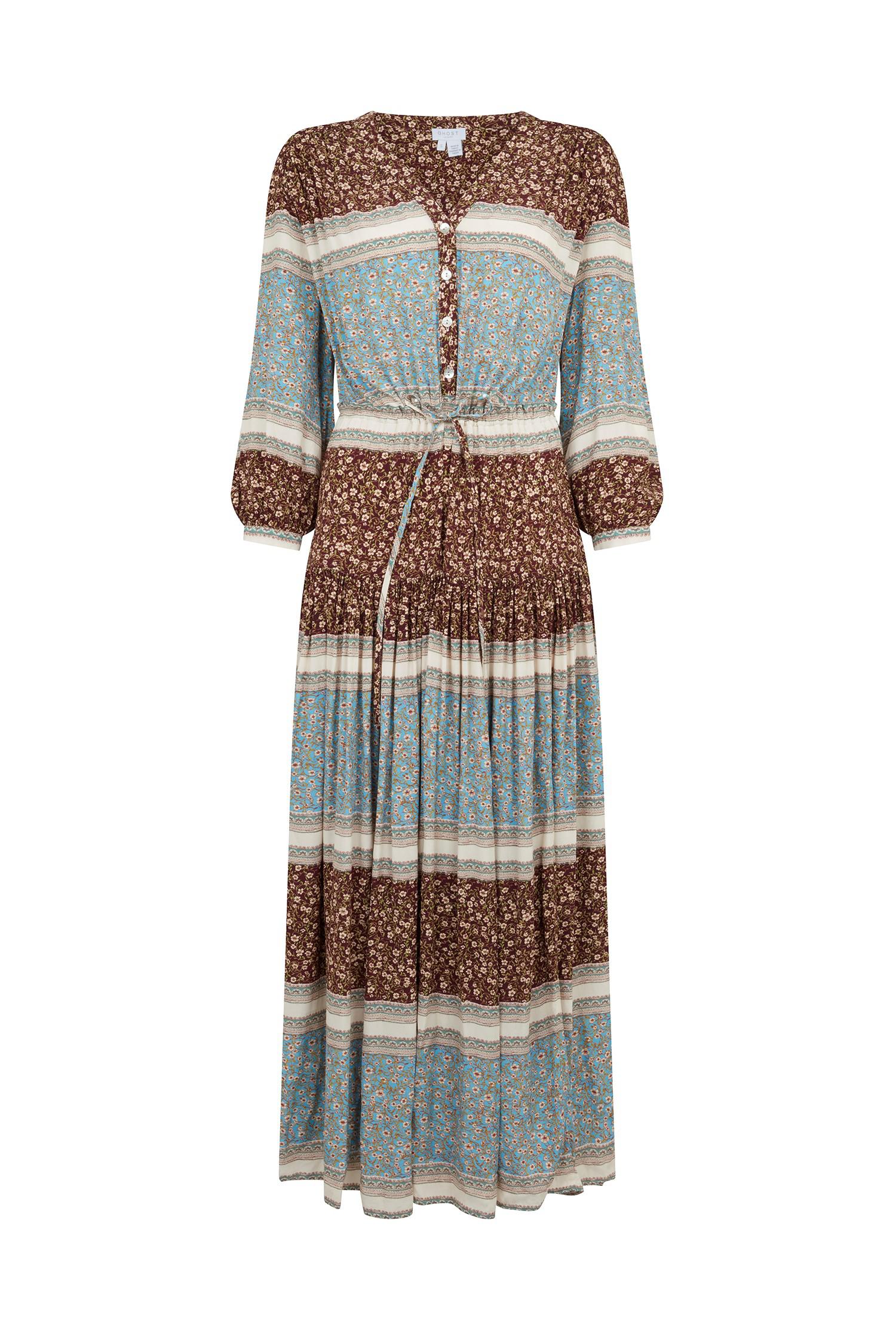 GHOST Elsa Border Print Drawstring Midi Dress | endource