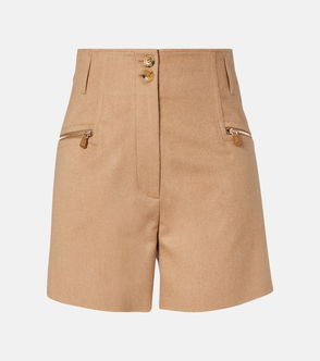 Camel wool shorts with gold buttons and zippers