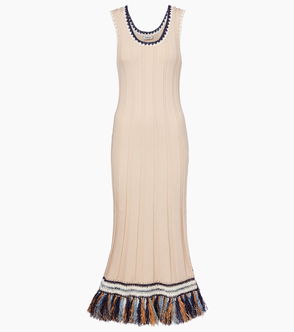 Cream ribbed midi dress with blue and gold fringe trim