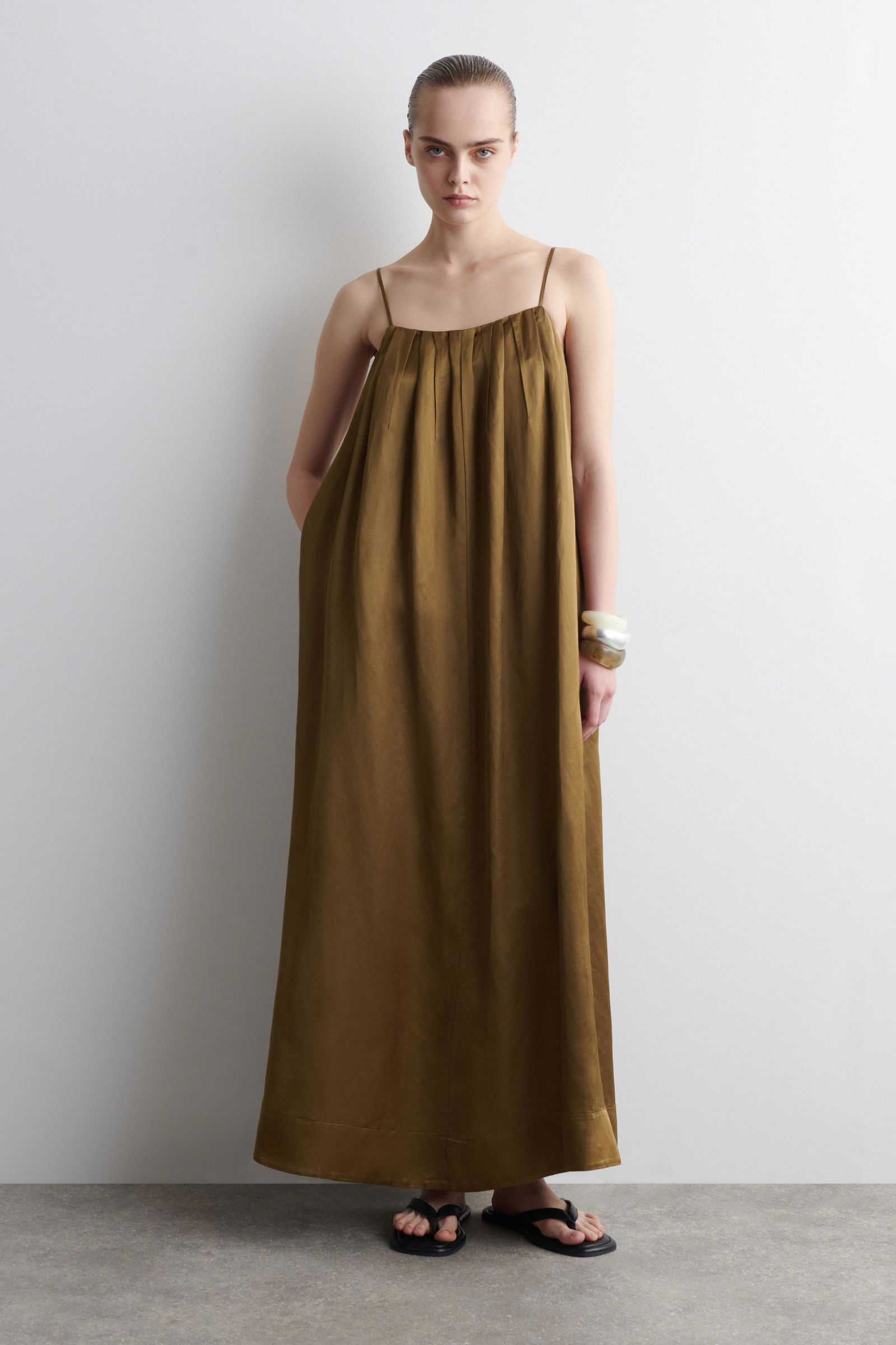 pleated fluid maxi dress PLEATED FLUID MAXI DRESS - OCHRE