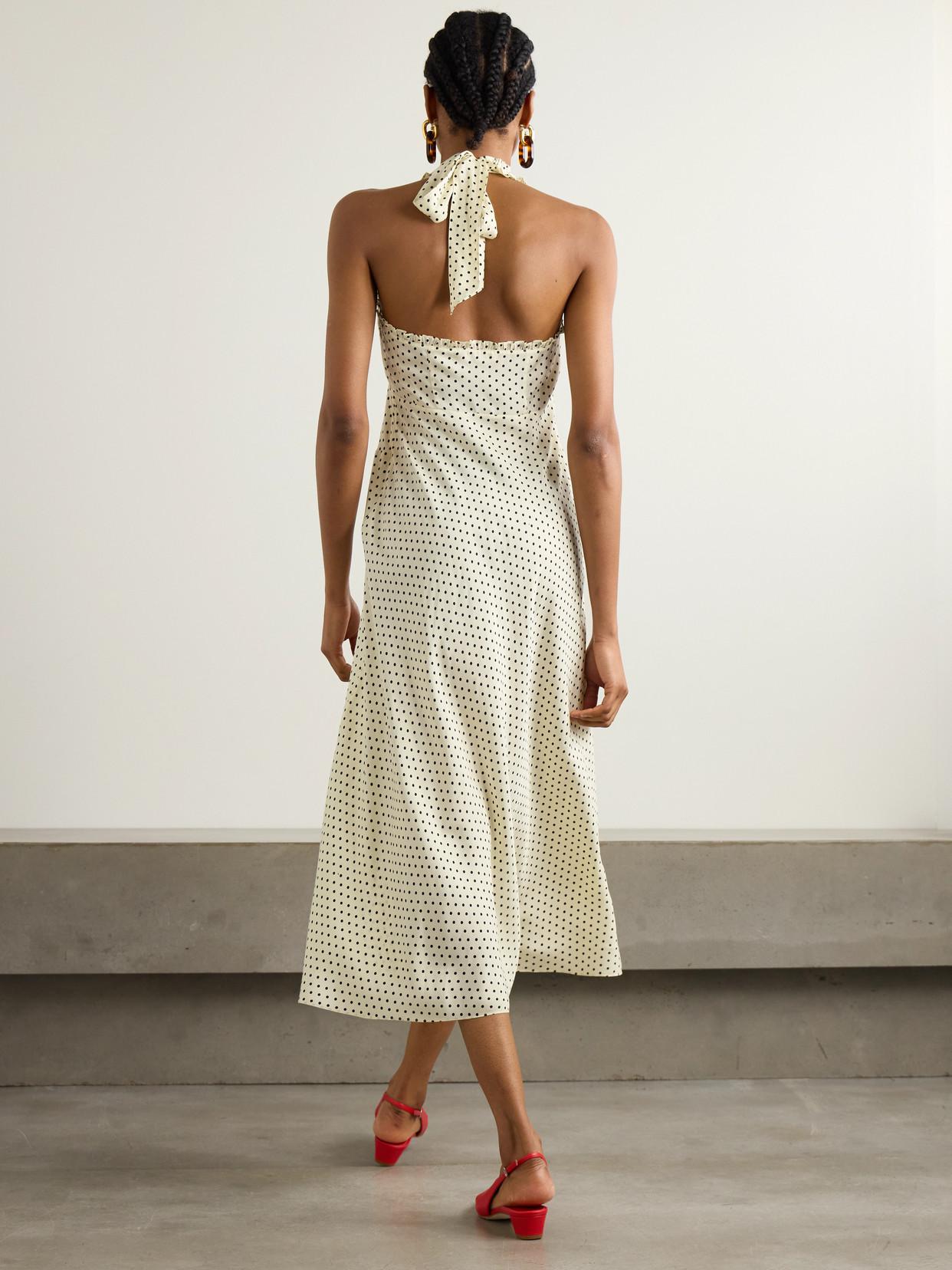 sachin and babi light blue dress DÔEN Mazarin Ruffled Polka-Dot Silk-Blend Satin Halterneck Dress