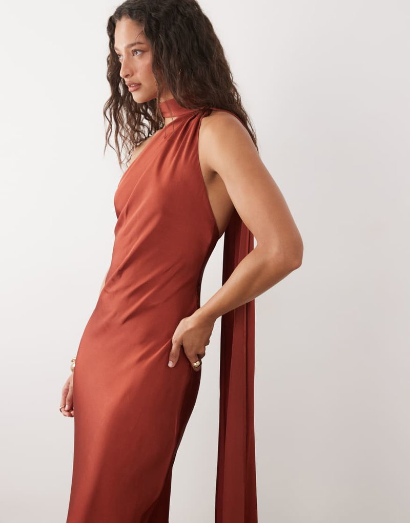 strapless open back dress Women's Black Satin One Shoulder Scarf Neck Maxi Dress | Ellen