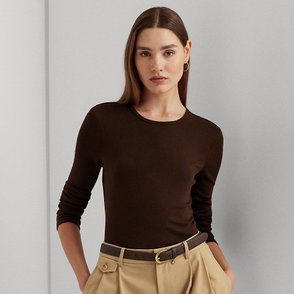 Brown crewneck sweater with a woman wearing it and a belt.