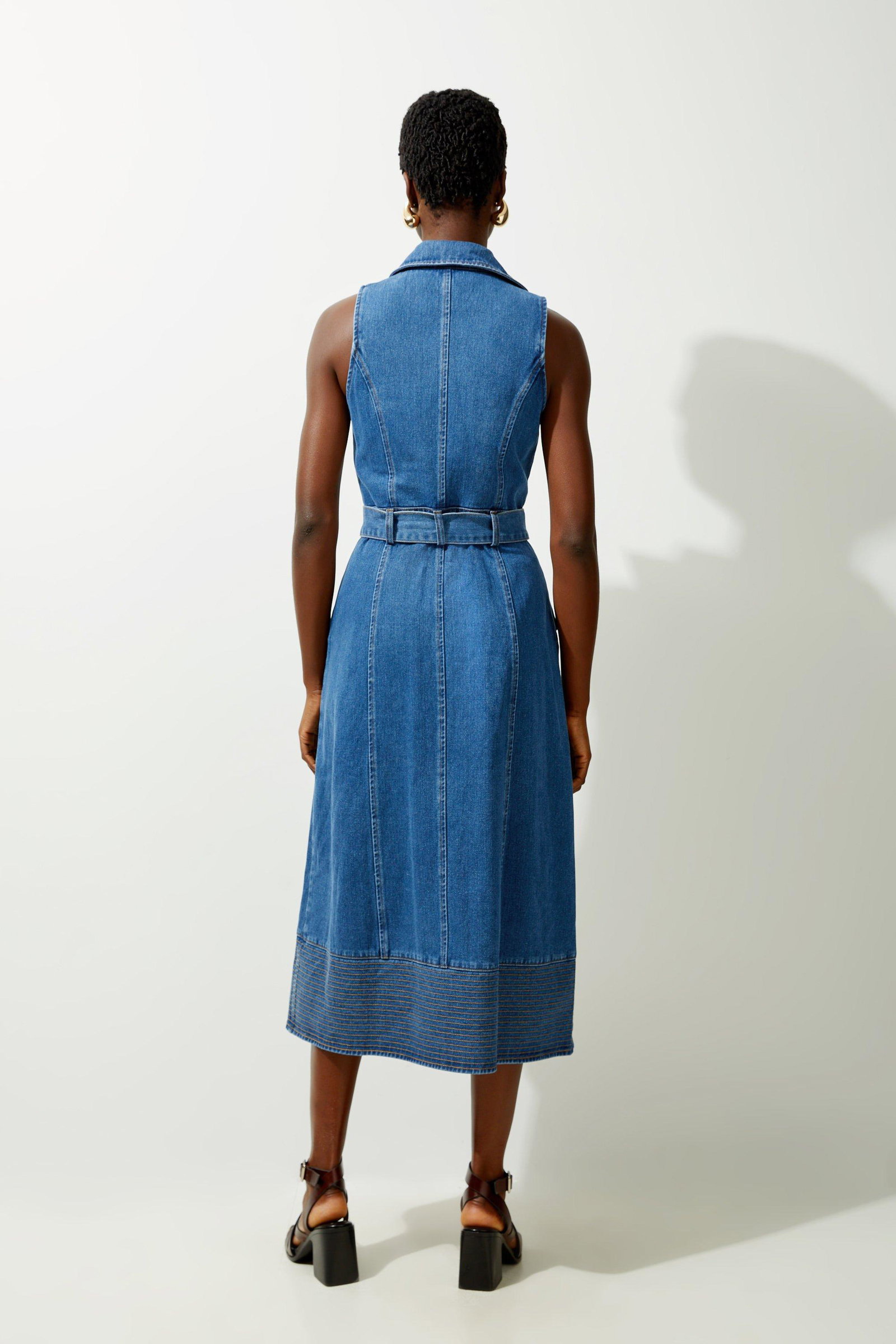 KAREN MILLEN Denim Cargo Pocket Belted Sleeveless Shirt Wrap Dress |  endource