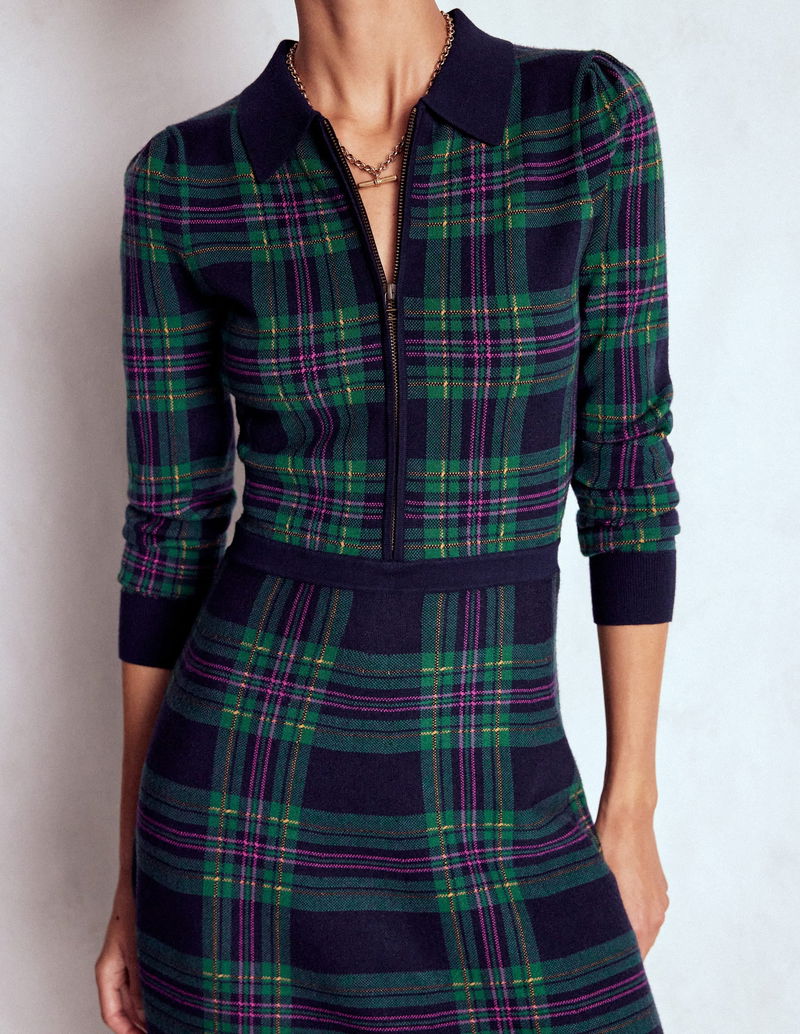 BODEN Fiona Zip Front Knitted Dress-Green Check | endource