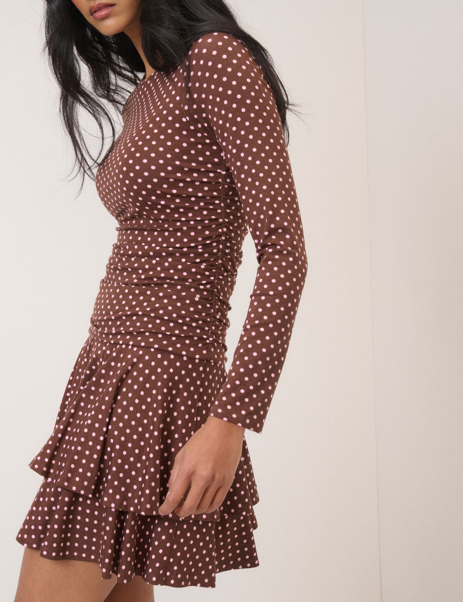 knee length dresses for ladies Brown Polka Dot Pleated Midi Dress - Pleated Long Sleeve Polka Dot V Neck  Midi Dress - Brown - Dresses
