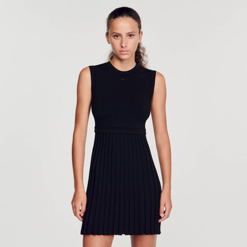 Black pleated mini dress with a high neckline, SANDRO