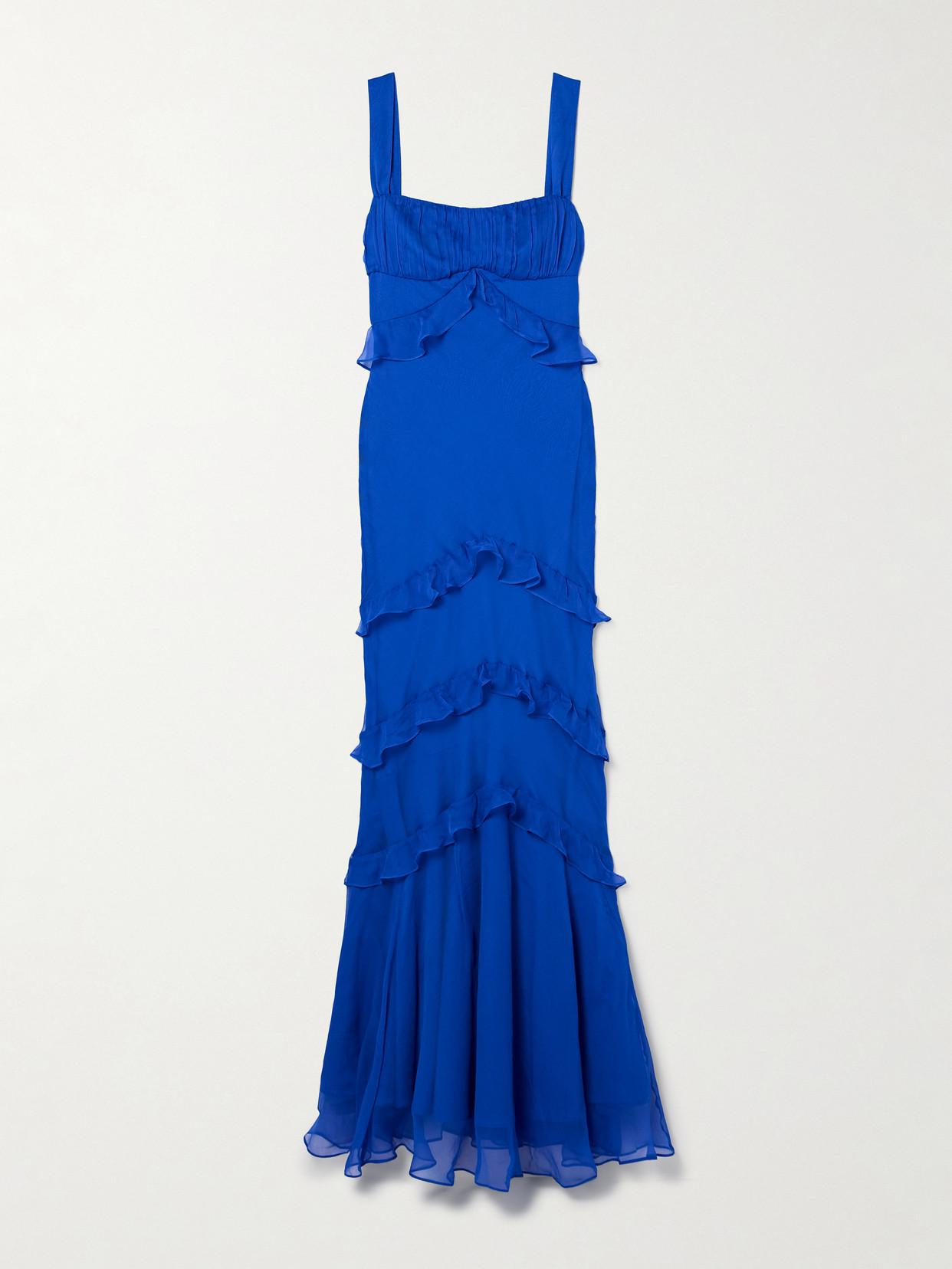 SALONI Chandra Ruffled Plissé Silk-Georgette Maxi Dress in Blue | Endource