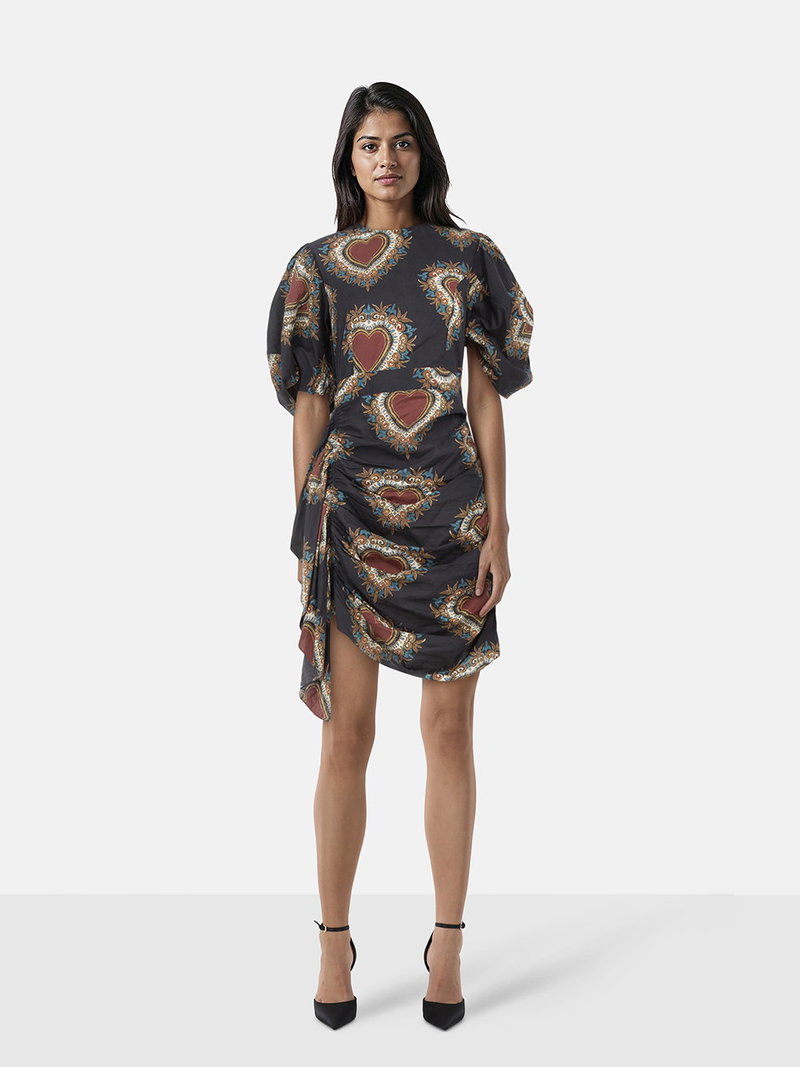RHODE Pia Ruched-Waist Heart-Print Cotton Dress | endource