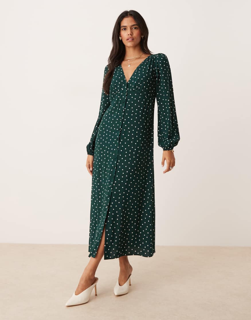 NOBODY'S CHILD Kennedy V-neck Midi Dress In Green Spot | endource