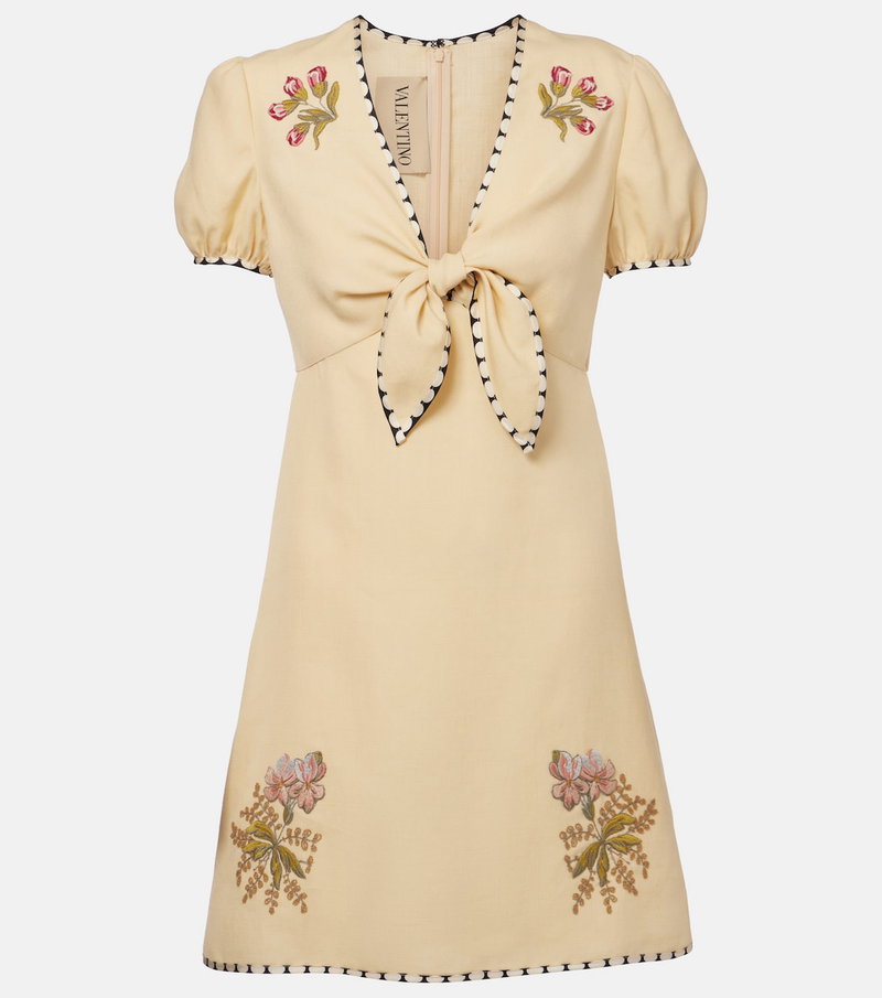 Embroidered tie-front dress in pale yellow