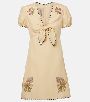 Embroidered tie-front dress in pale yellow