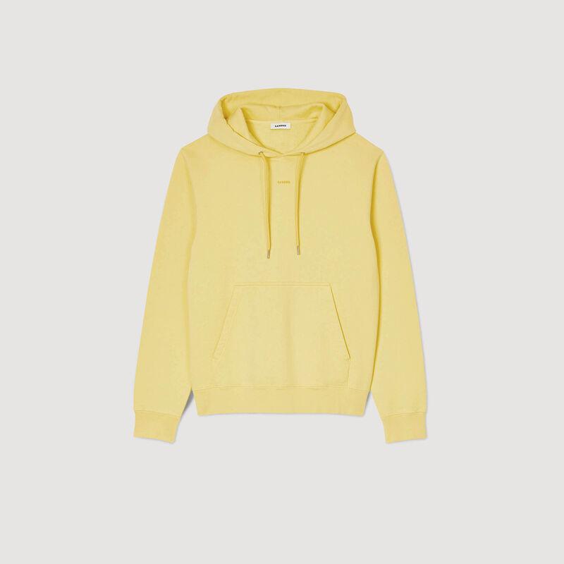 Yellow hooded sweatshirt with a logo detail