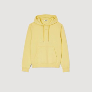 Yellow hooded sweatshirt with a logo detail