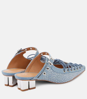 Tan suede mules with denim and rhinestone detailing, silver block heels, and rope ties.
