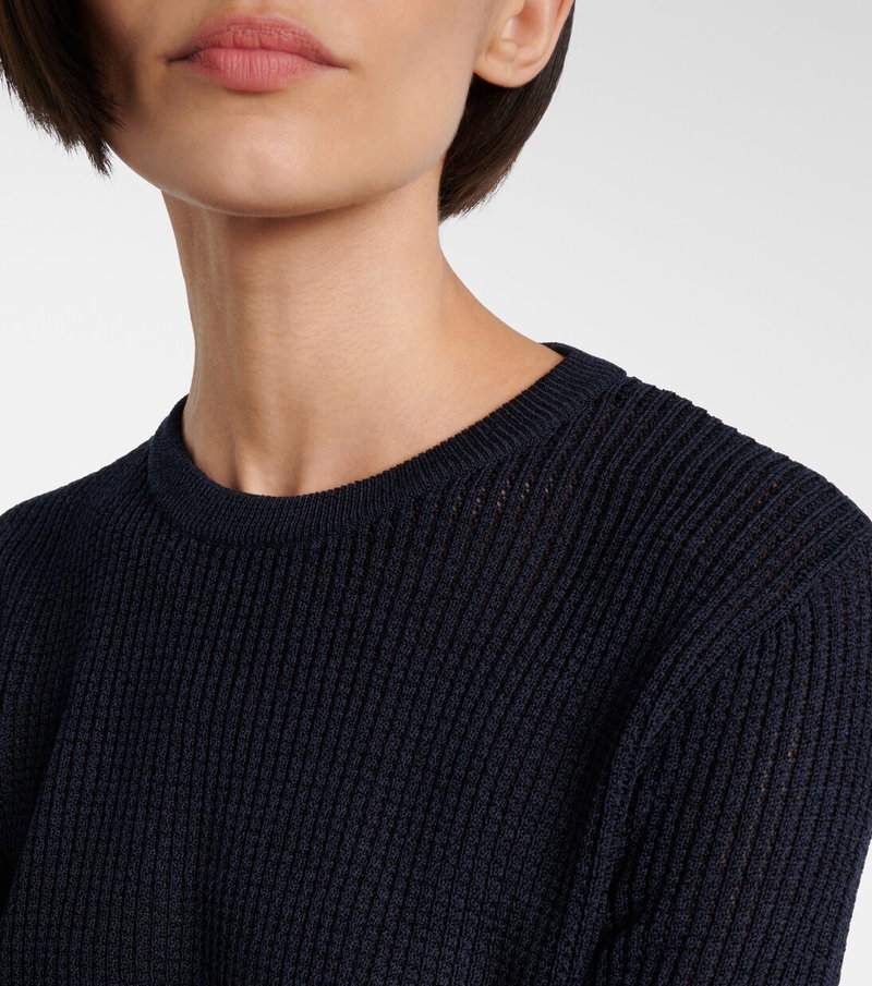 Dark blue ribbed sweater on a woman's neck