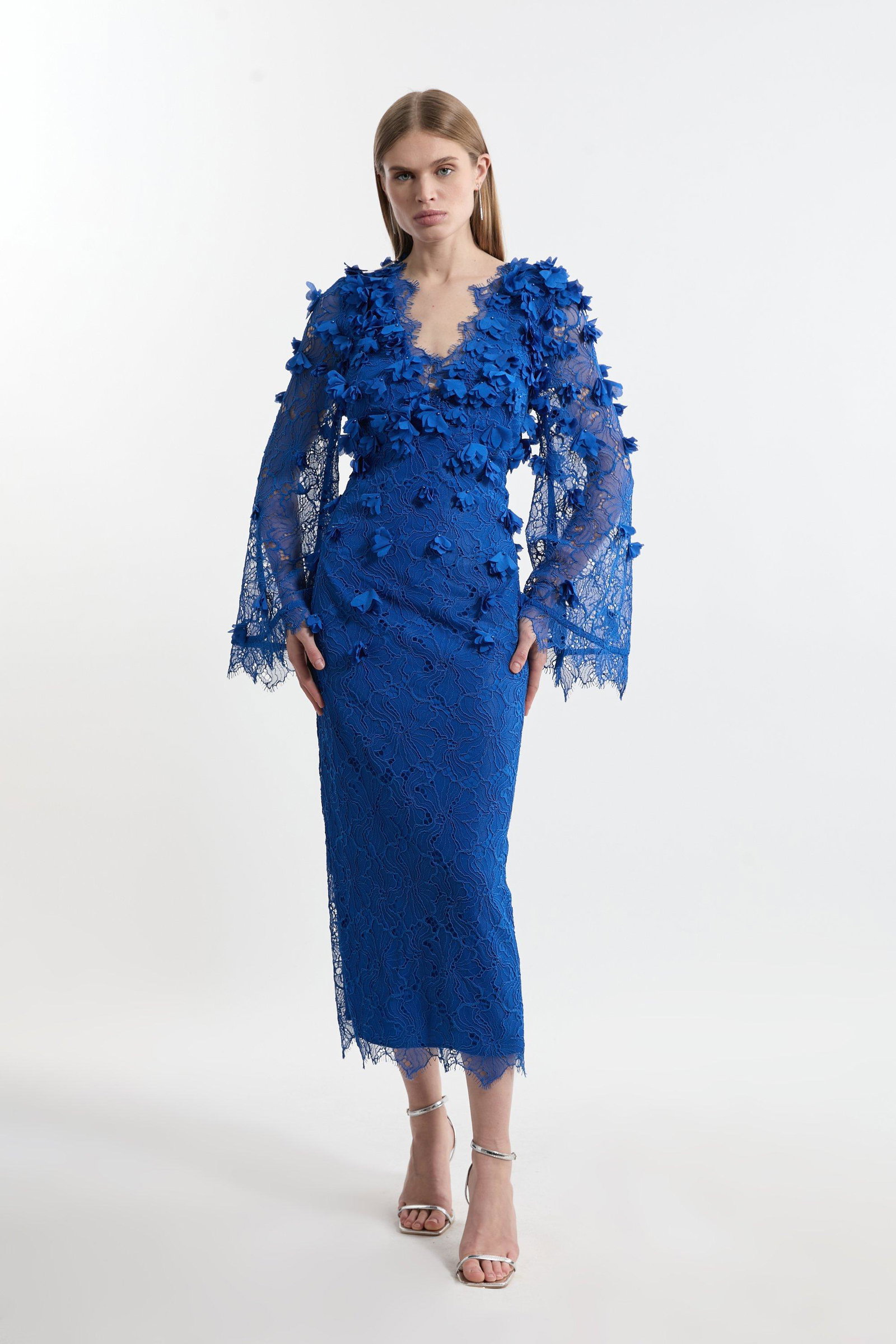 Lace Dress Karen Millen De052 KAREN MILLEN Lace Petal Applique Balloon  Sleeve Woven Midi