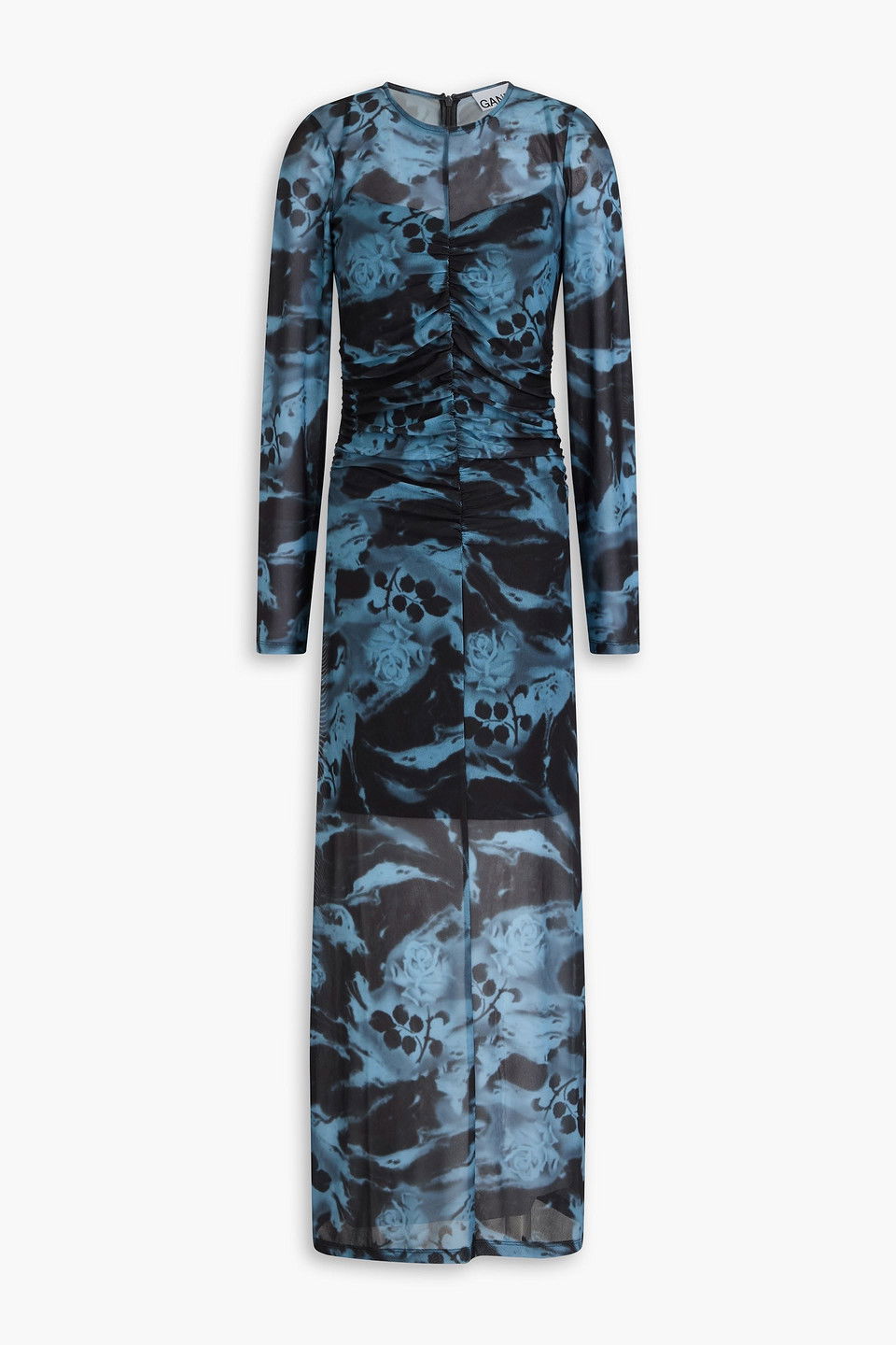 ganni printed ruched mesh maxi dress Ganni Printed ruched mesh maxi dress GANNI
