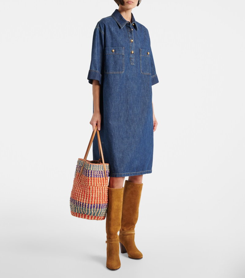 Valentino denim dress with pockets and woven tote bag