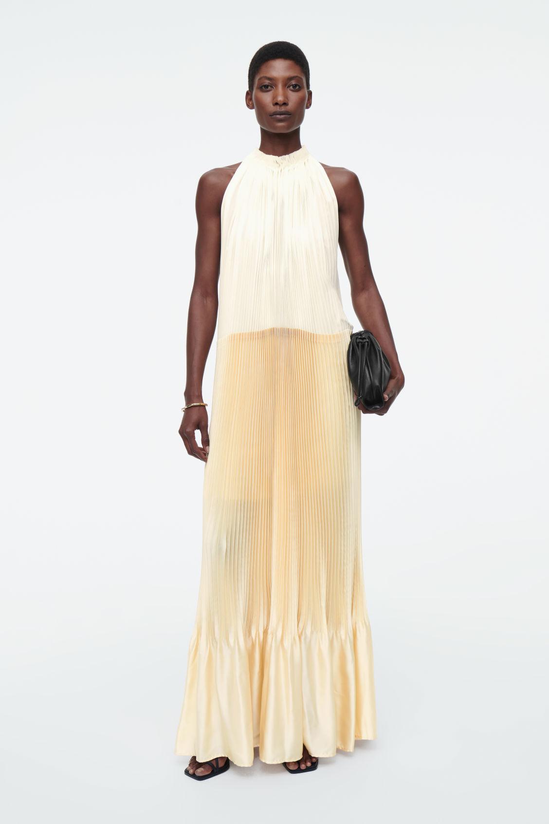 pliss halterneck maxi dress SILK HALTERNECK SUNRAY PLISSE EVENING DRESS