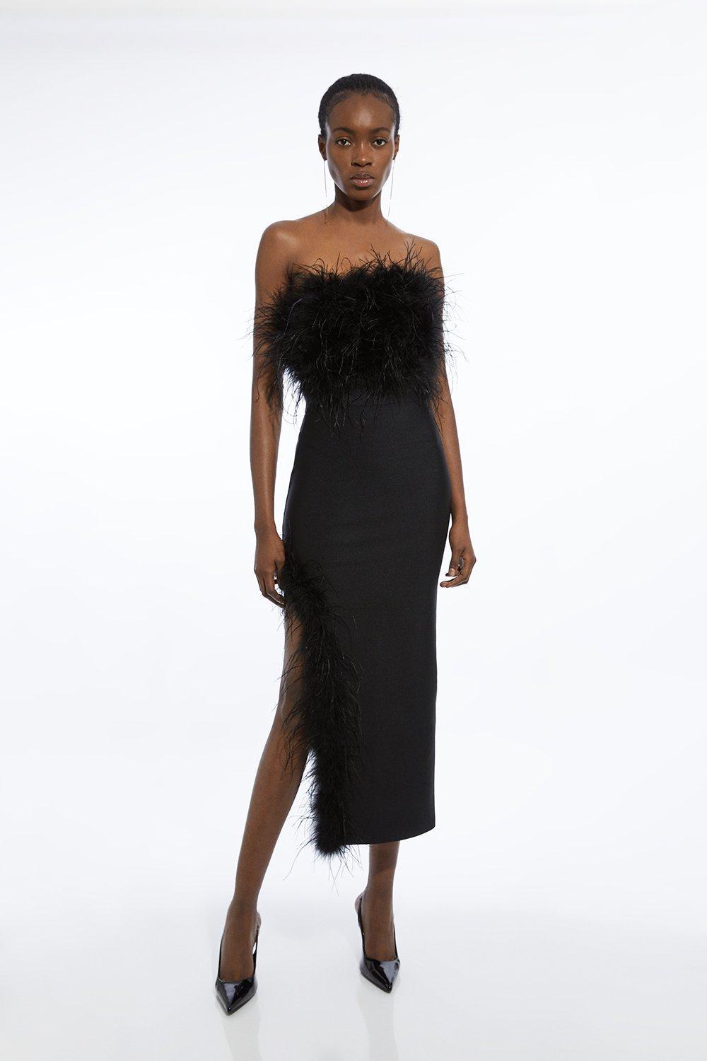 KAREN MILLEN Figure Form Bandage Feather Detail Bandeau Knit Midi Dress |  endource