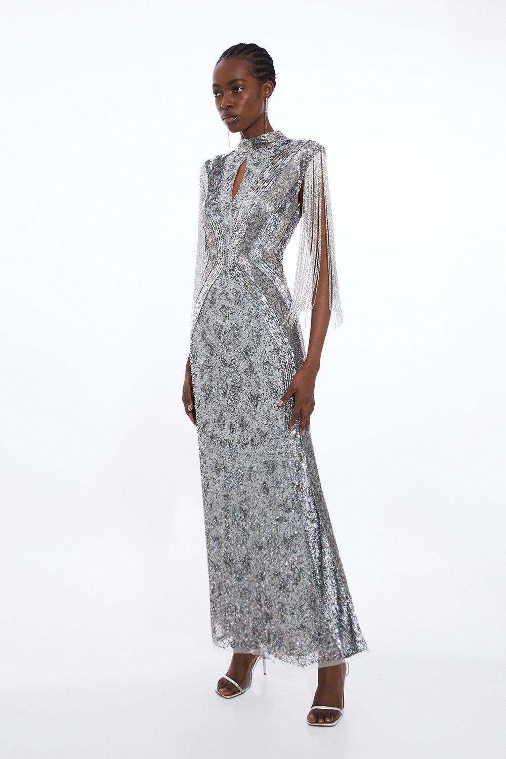 KAREN MILLEN Petite Embellished Beaded Cap Sleeve Woven Maxi Dress |  endource