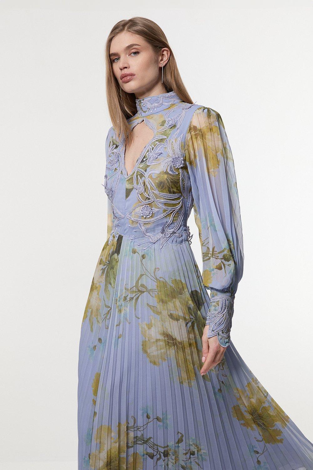 KAREN MILLEN Floral Applique Lace Pleated Woven Maxi Dress | endource