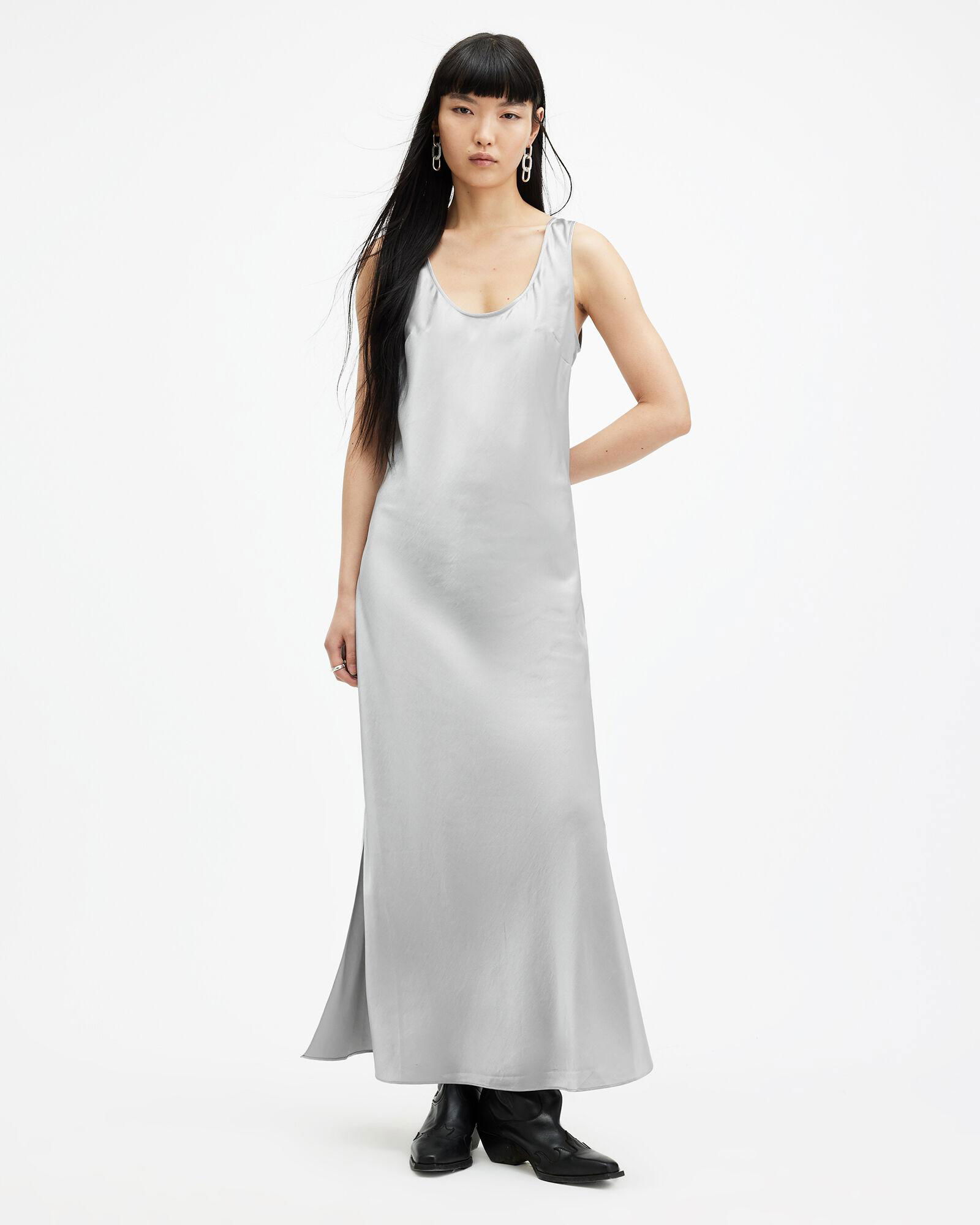 all saints grey silk dress ALLSAINTS Alexia Dress in Metallic Silver