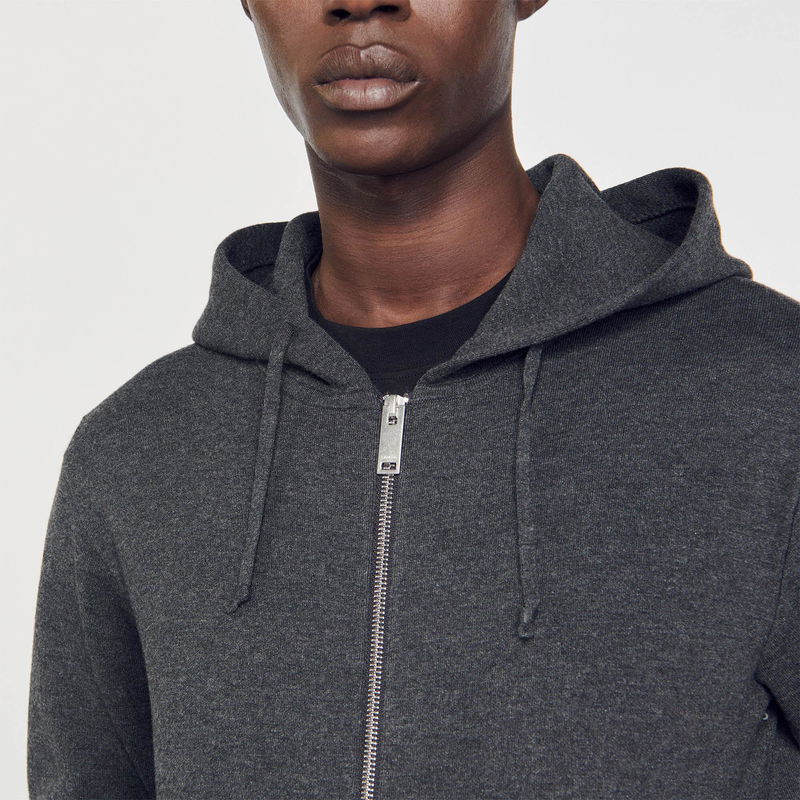 Sandro charcoal zip-up hoodie, featuring a model.