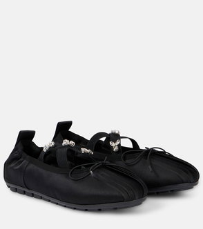 Black satin ballet flats with jeweled straps.