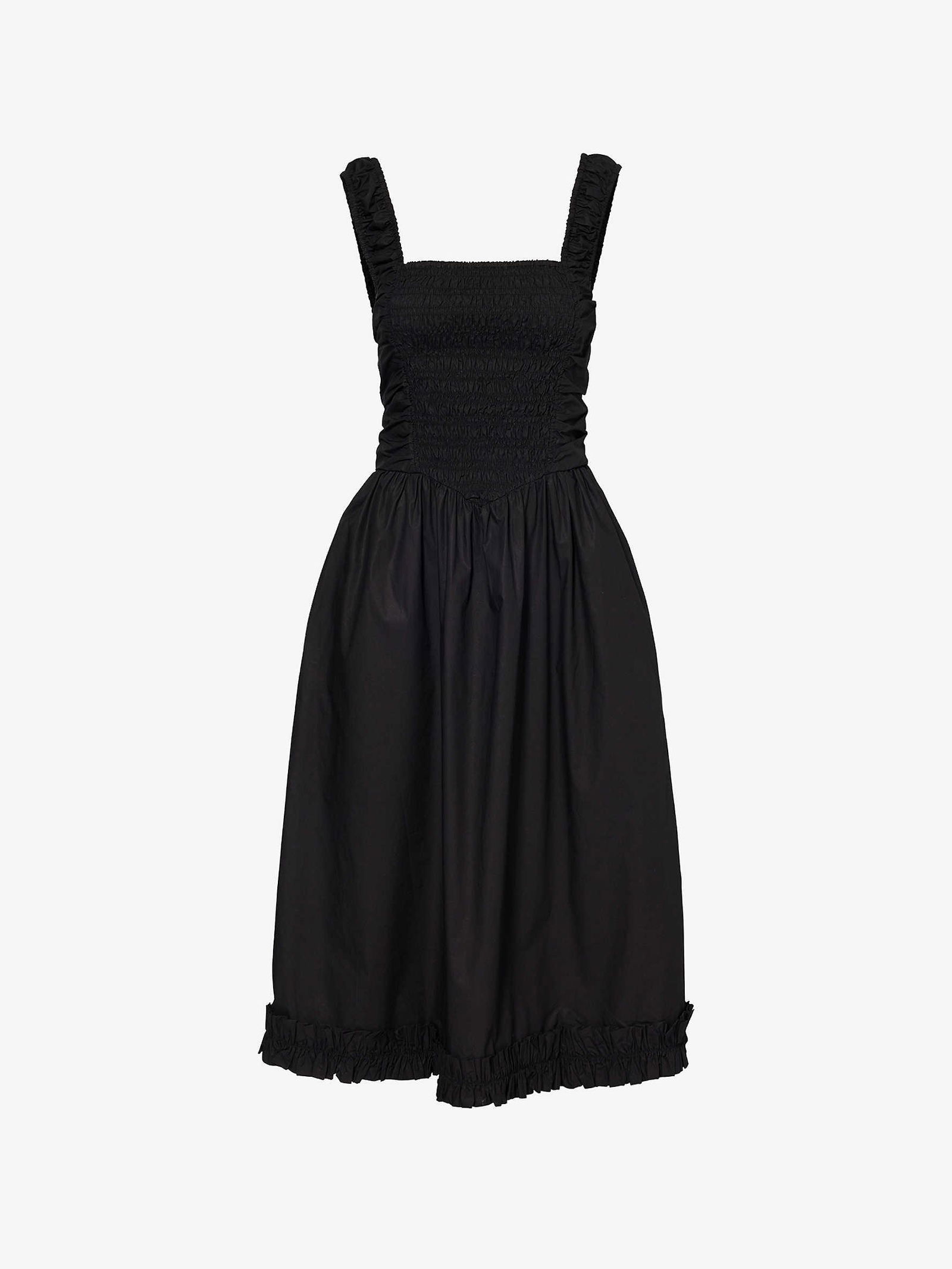 GANNI Square-Neck Ruffle-Trim Organic-Cotton Midi Dress in BLACK | Endource