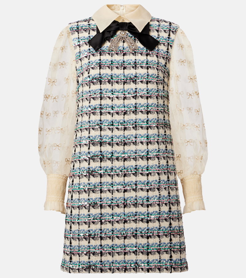 Valentino embellished tweed dress with sheer sleeves and a black bow detail