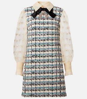 Valentino embellished tweed dress with sheer sleeves and a black bow detail