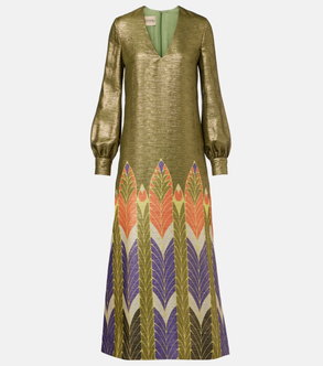 Olive green, gold-embroidered dress with a V-neck and stylized floral pattern.