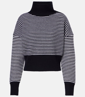 Navy and white striped knit sweater with a cropped fit