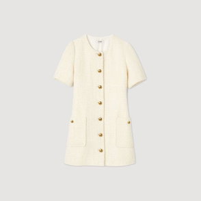 Cream-colored tweed dress with gold buttons
