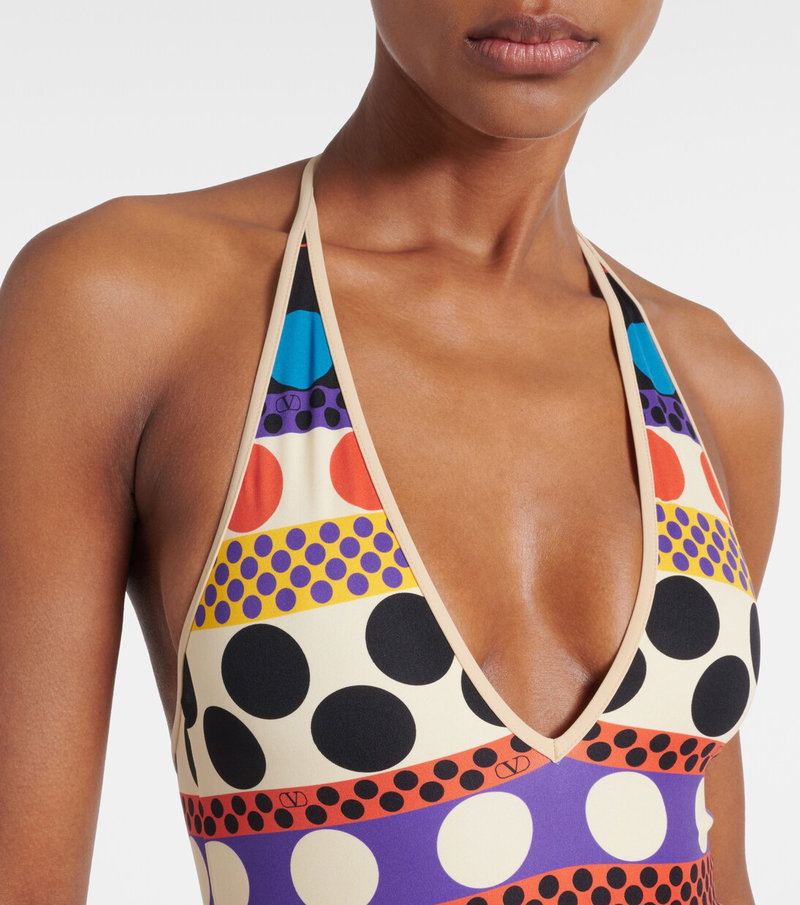Valentino halter bikini top with a bold, colorful polka dot print.