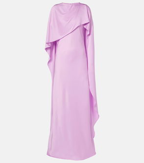 Lavender satin draped gown with flowing sleeves.
