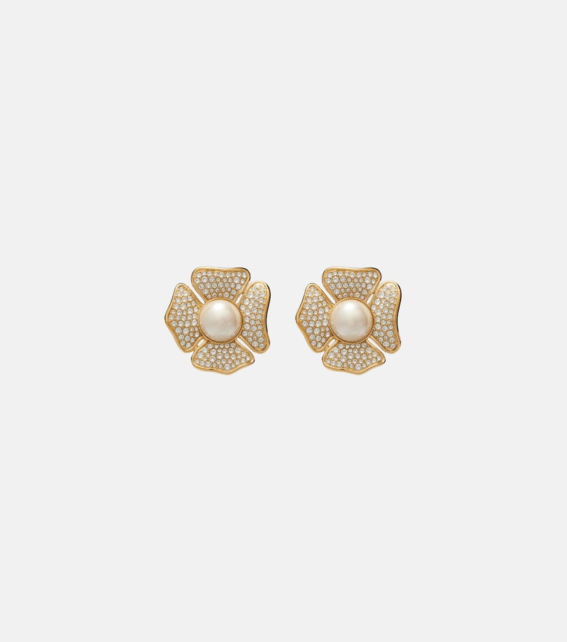 Gold flower-shaped earrings with pearls and crystals