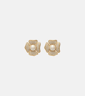 Gold flower-shaped earrings with pearls and crystals