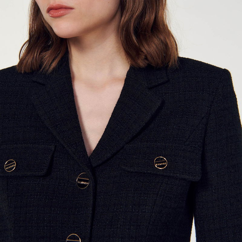 Black tweed coat with gold buttons, SANDRO logo.