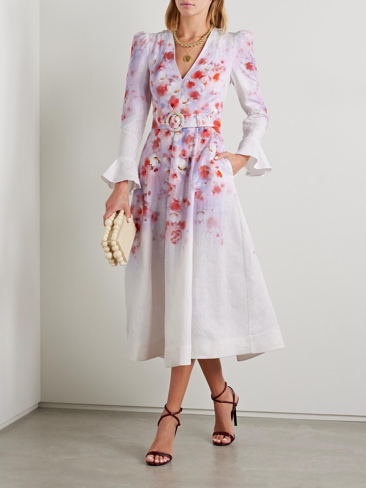 knee length dresses for ladies Zimmermann Linen Midi Dress Rose Baroque Floral