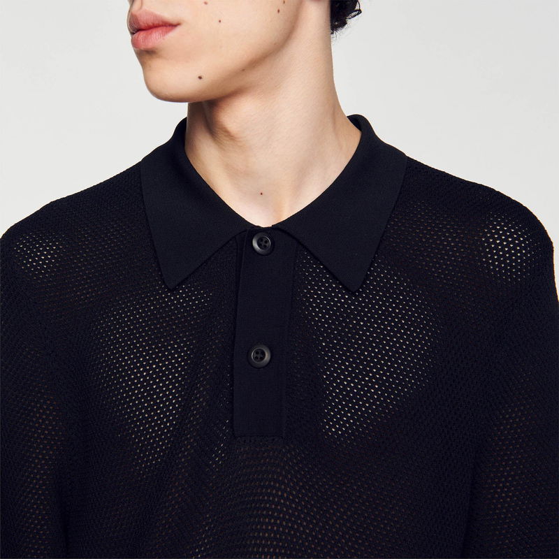 Black mesh polo shirt on a person