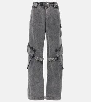 Stone-washed, wide-leg cargo pants with buckle detailing.