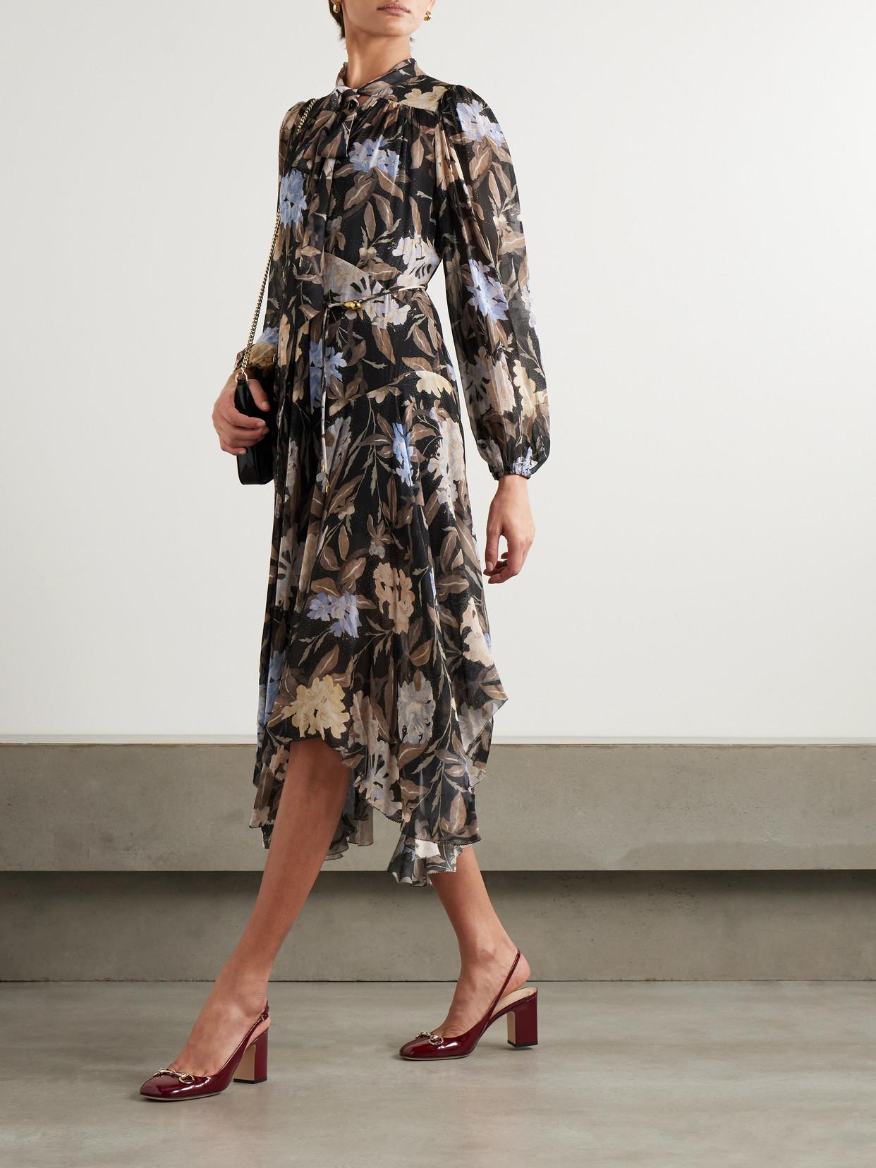 blue floral ruched midi dress Victoria Beckham Bela Indigo Floral Ruched Silk Midi Dress
