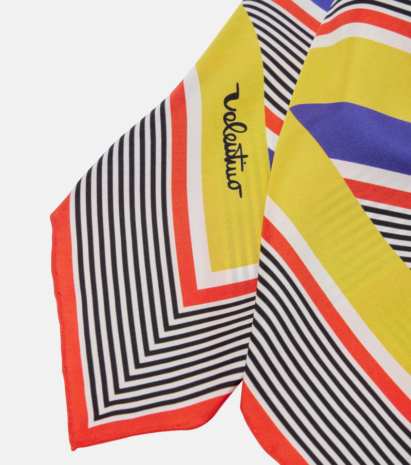 Valentino scarf with yellow, blue, and black striped pattern and logo