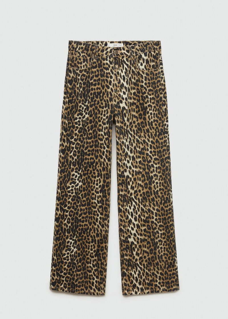 Wide-leg jeans with a brown and black leopard print.