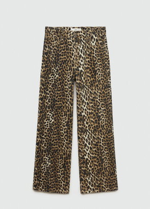 Wide-leg jeans with a brown and black leopard print.
