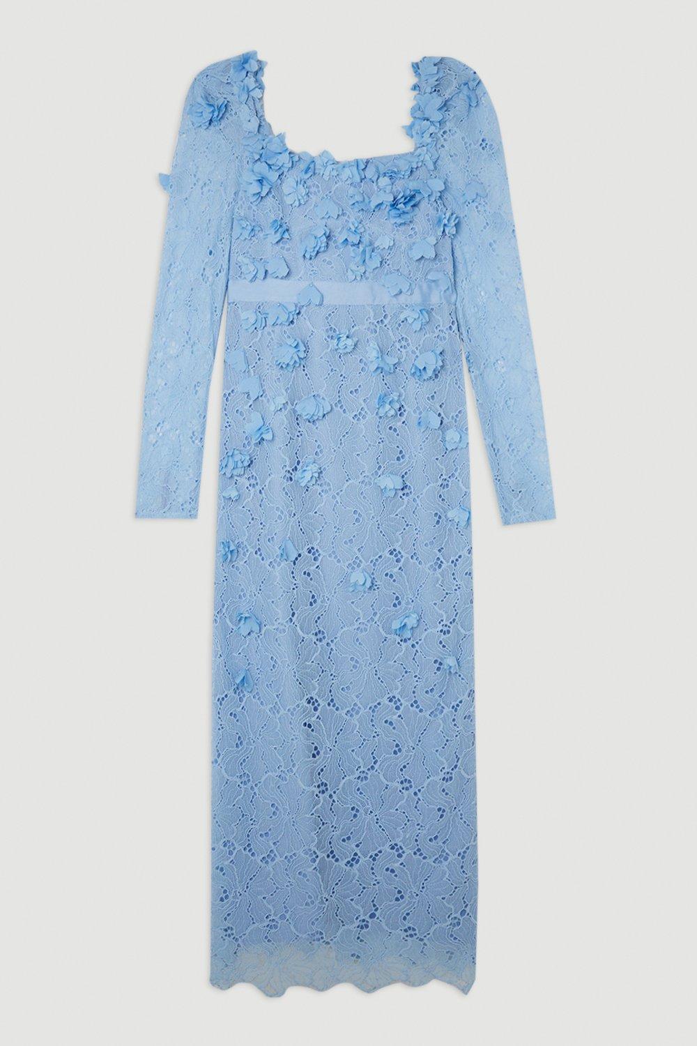 KAREN MILLEN Tall Lace Petal Applique Woven Midi Dress in Blue | Endource